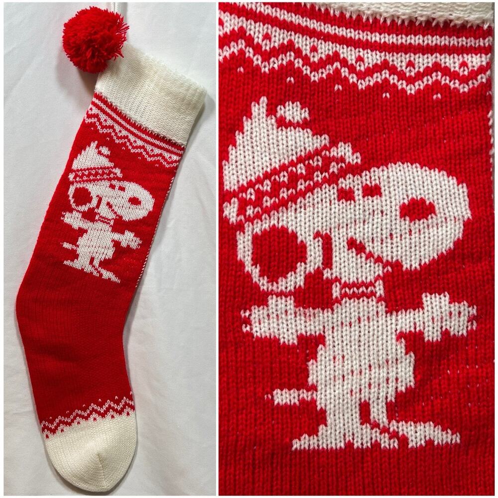 Vintage 1958 Hallmark Peanuts Snoopy Knit Christmas Stocking Red & White Pom Pom